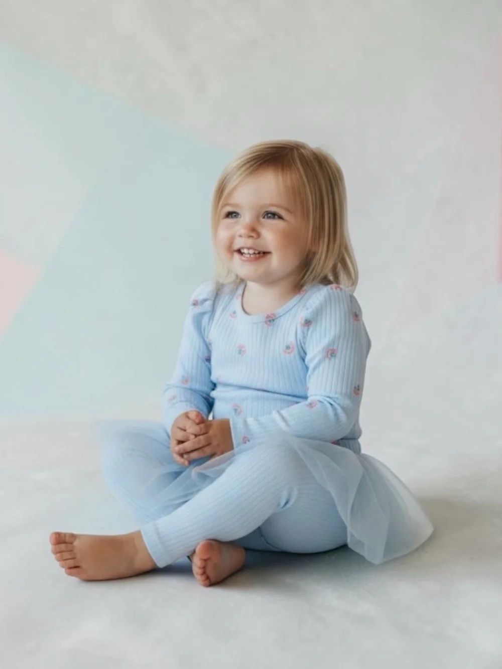 wonder nation Light Blue Ribbed Mini Rainbow Bodysuit With Tulle Skeggings